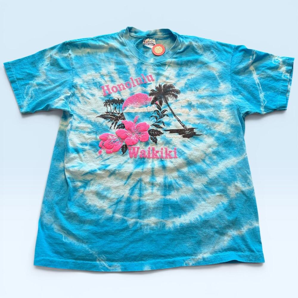 Vintage Hanes Shirt Mens XL Blue Tie Dye Honolulu Waikiki Hawaii Tee T-Shirt USA
